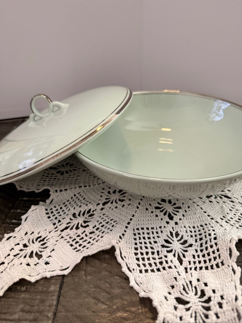 Vintage Ceramic serving bowl with lid, Universal Ballerina Mist pattern